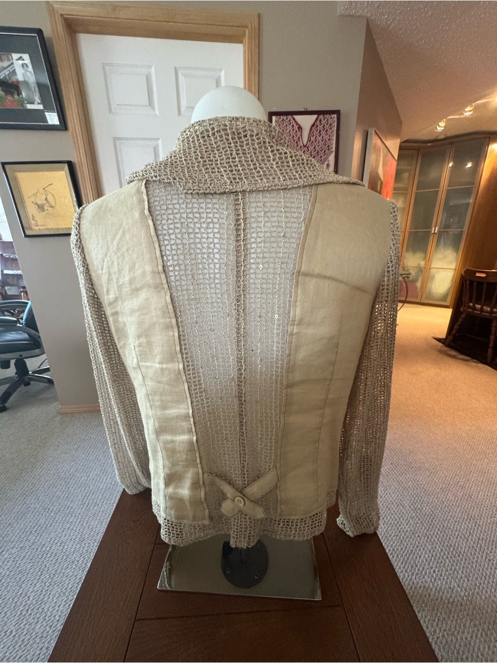 Women's Lightweight Hooded vintage linen Jacket in Tan with metallic detail - Picture 3 of 6